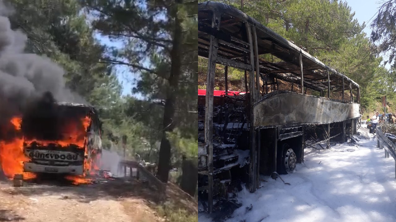 Otobüs alev alev yandı, yolcular son anda kurtuldu