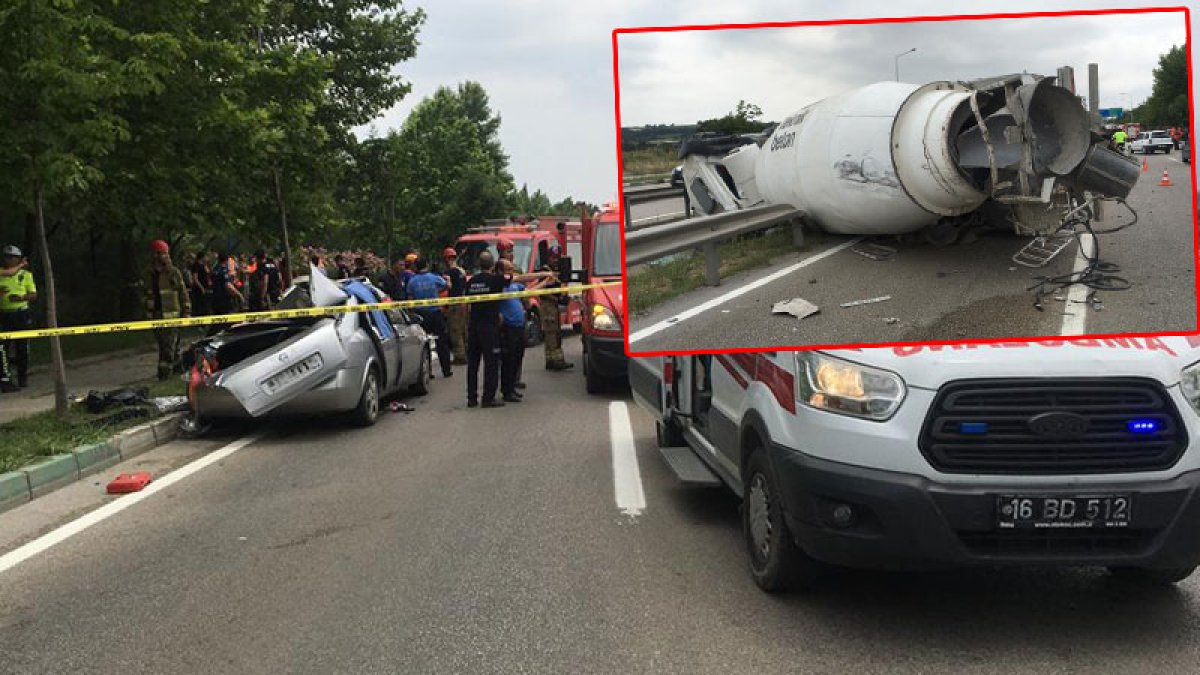 Bursa’da beton mikseri otomobilin üzerine devrildi