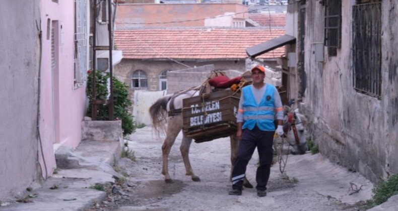 Hatay’da araçların giremediği sokaklarda çöpler atlarla toplanıyor