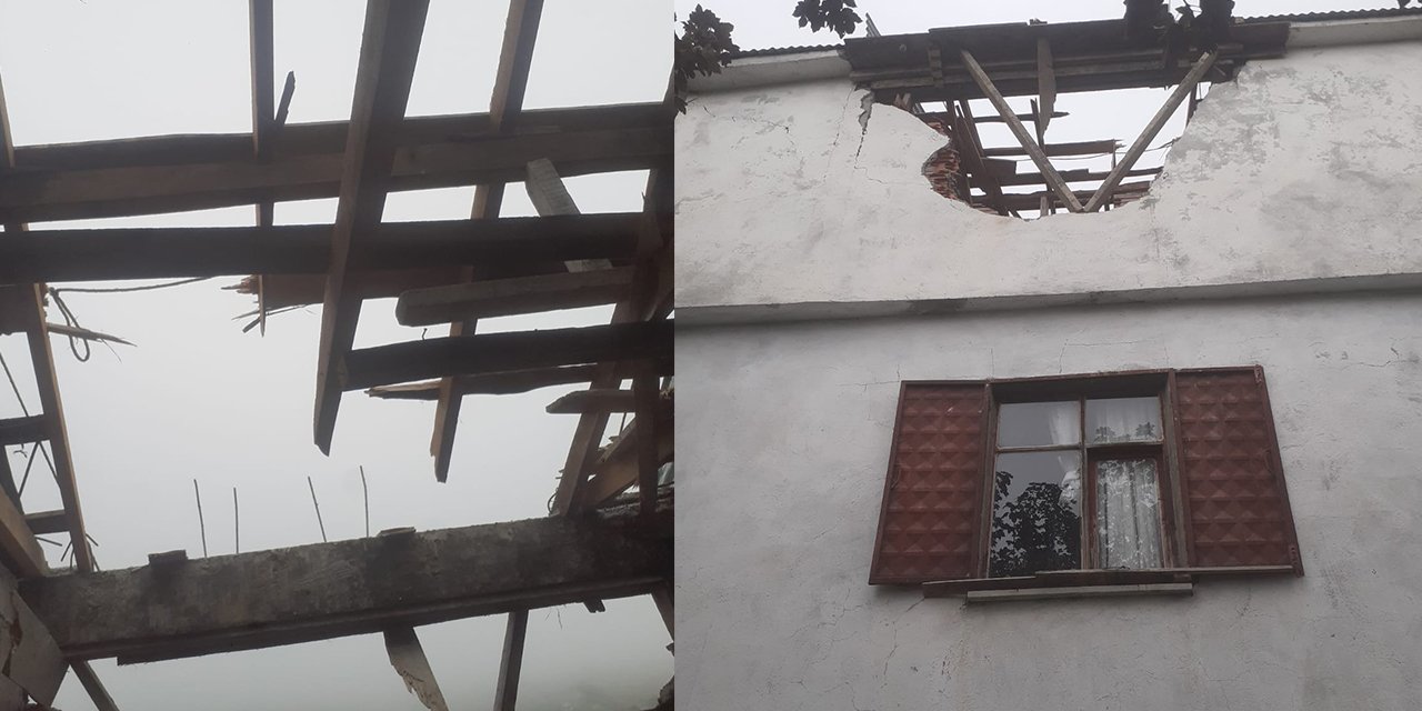 Dinamitle patlatılan yoldaki kaya parçaları evin çatısını yıktı