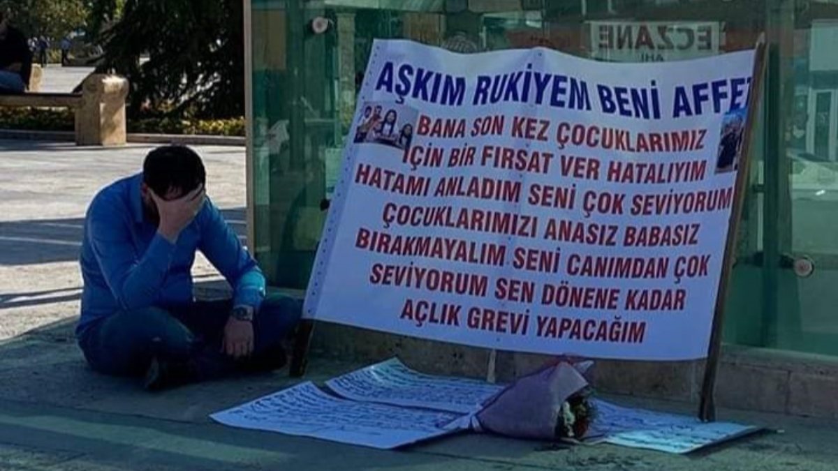 Kırşehir’de terk edildiği eşi için pankart açtı
