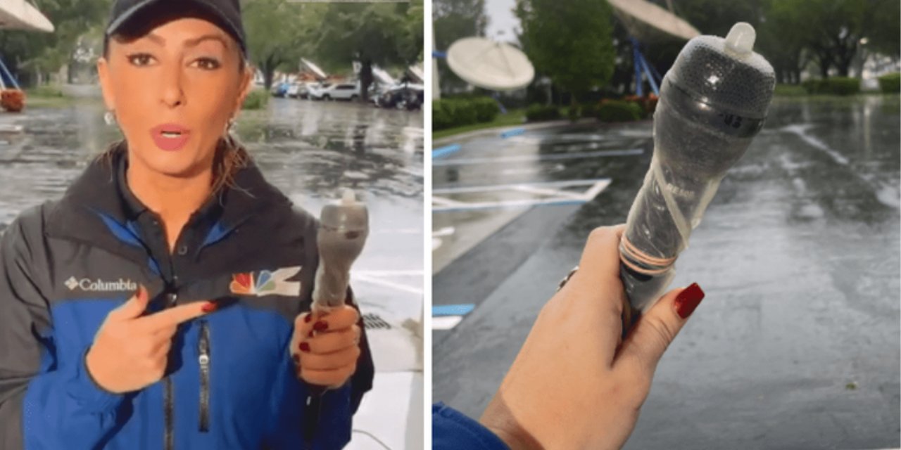 Kasırgaya karşı mikrofonuna prezervatif taktı