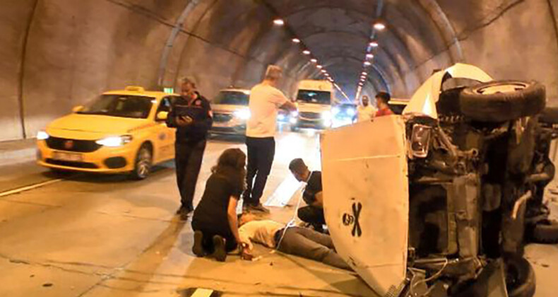 Sarıyer Tüneli’nde bir araç takla attı