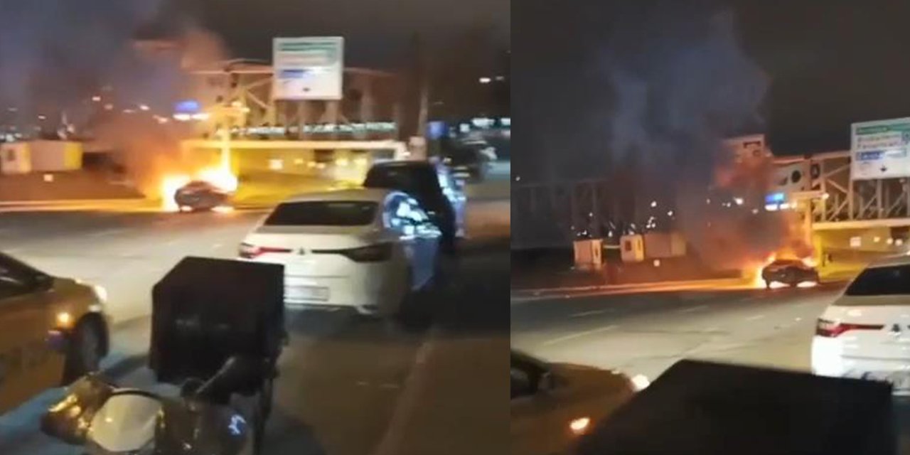 Tabelaya çarpan otomobil alev aldı