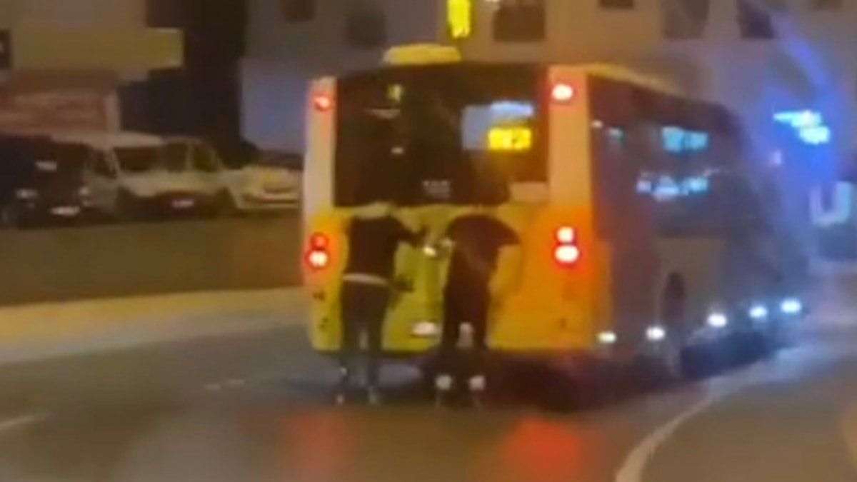 Pendik’te patenle İETT otobüsüne tutunarak yolculuk yaptılar