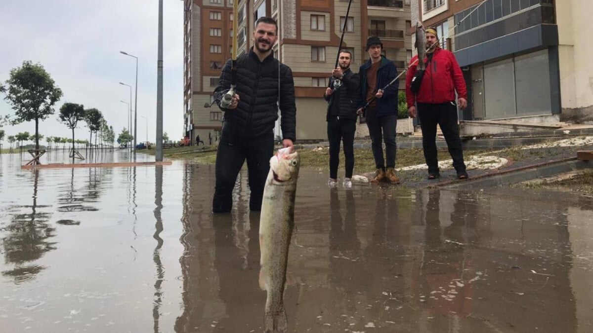 Çorlu’da göle dönen yolda balık tuttular