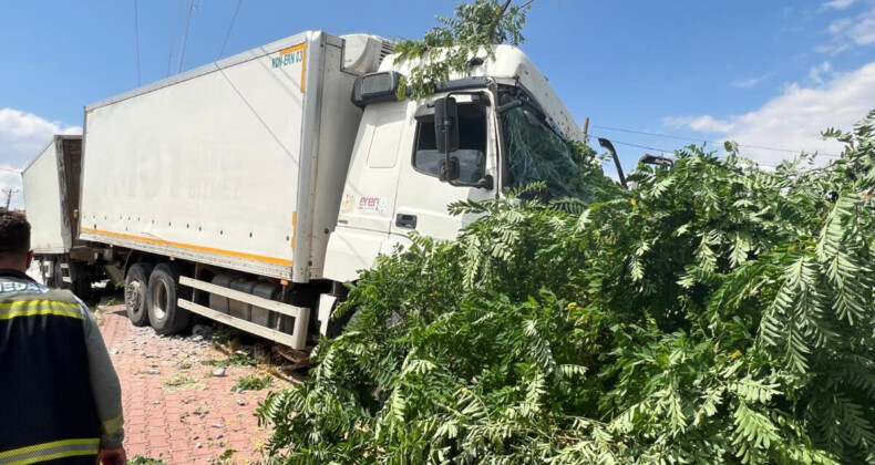 Aksaray’da freni boşalan kamyon elektrik direğine çarptı