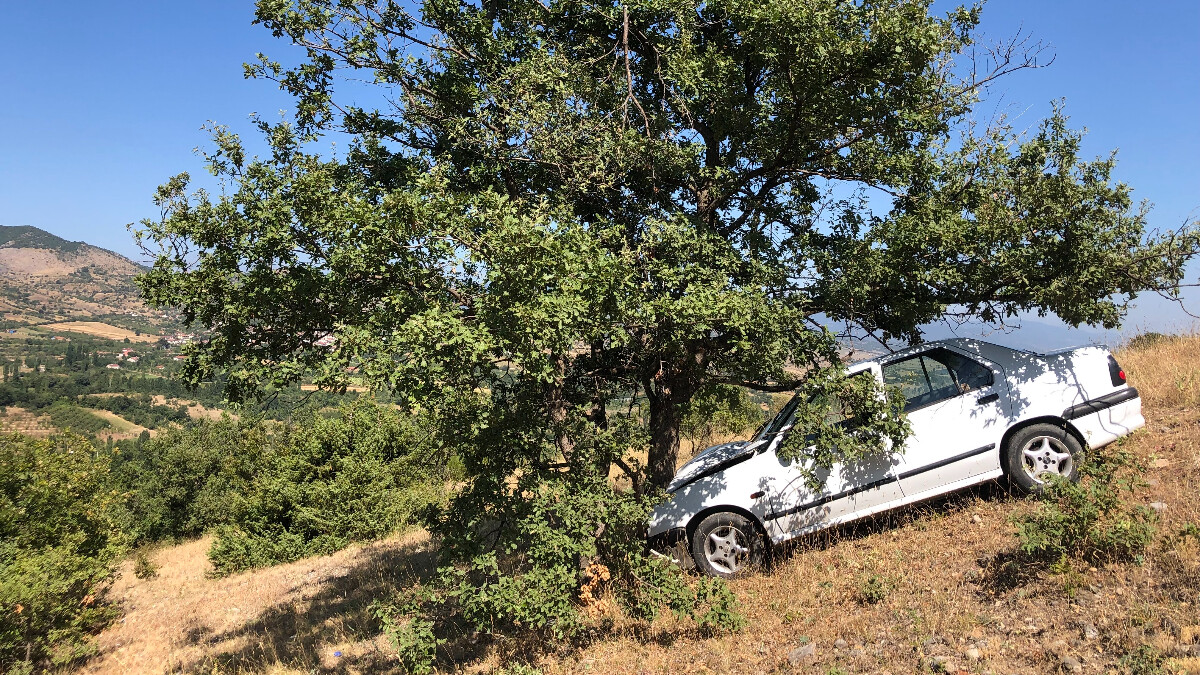 Amasya’da tabelaya çarpan otomobil uçuruma sürüklendi: Ağaç hayatını kurtardı