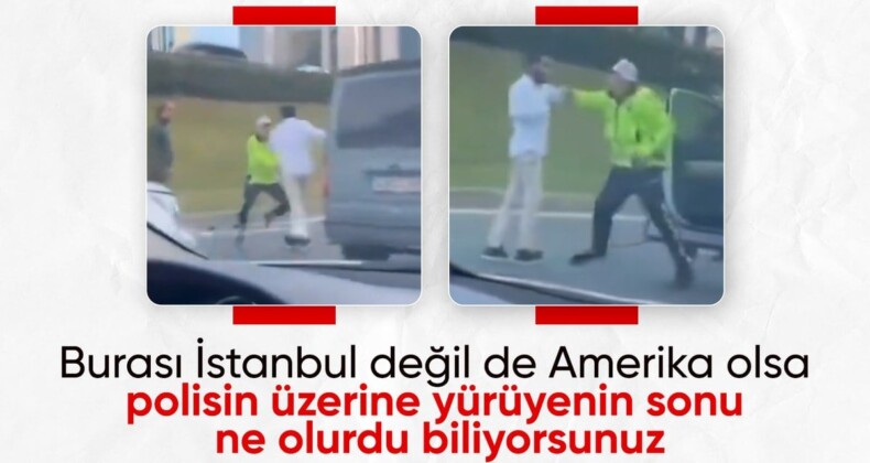 İstanbul trafiğinde tehlikeli anlar: Araç sürücüsü polisin üzerine yürüdü