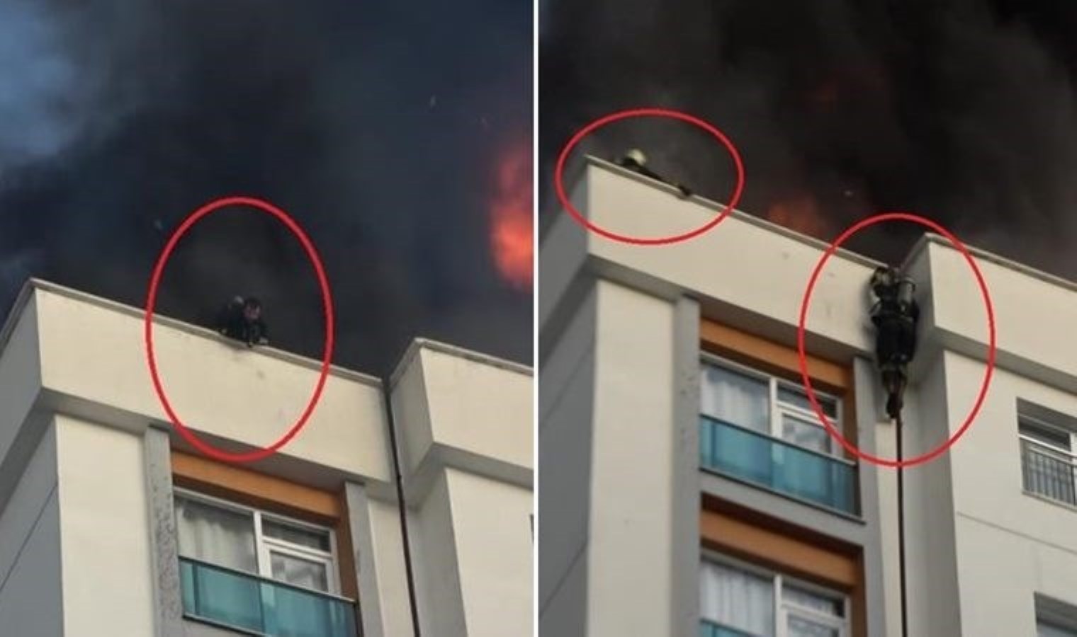 Dehşet dolu anlar: İtfaiyeci kendini hortumla aşağı bıraktı