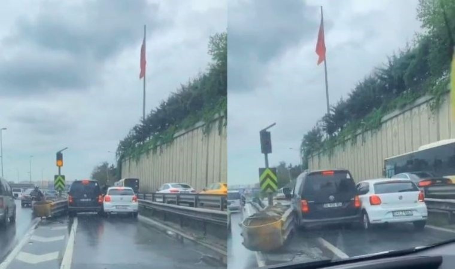 İki inatçı şoför Bahçelievler yan yol girişindeki bariyerlere bu türlü sıkıştı