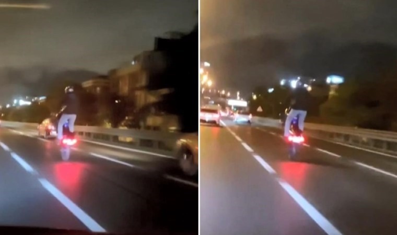 Motosikletlinin tek tekerlek üzerinde tehlikeli seyahati