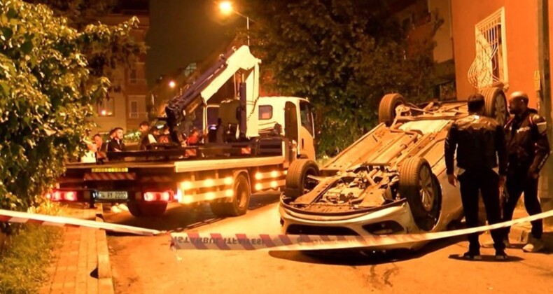 Üsküdar’da park halindeki araca çarpan araba takla attı