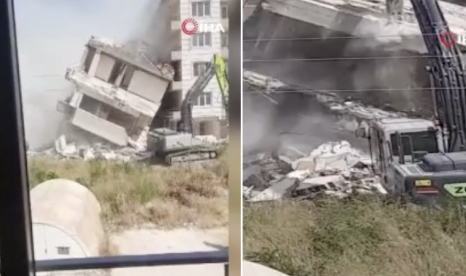 Yıkımı gerçekleştirilen 6 katlı bina yanındaki az hasarlı binanın üzerine devrildi