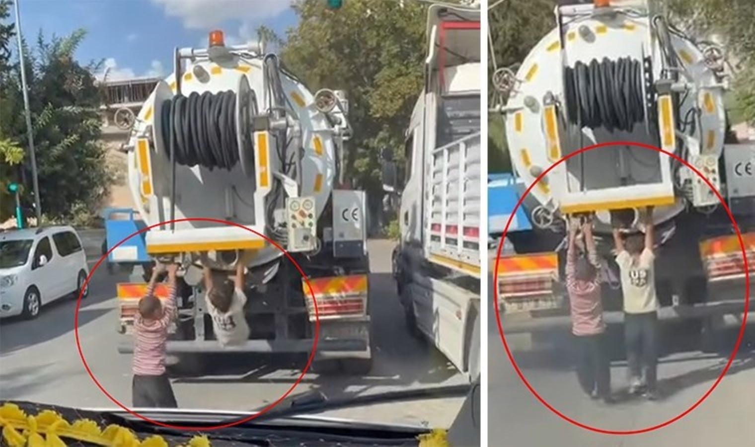 Çocukların vidanjör arkasındaki tehlikeli yolculuk yürekleri ağza getirdi