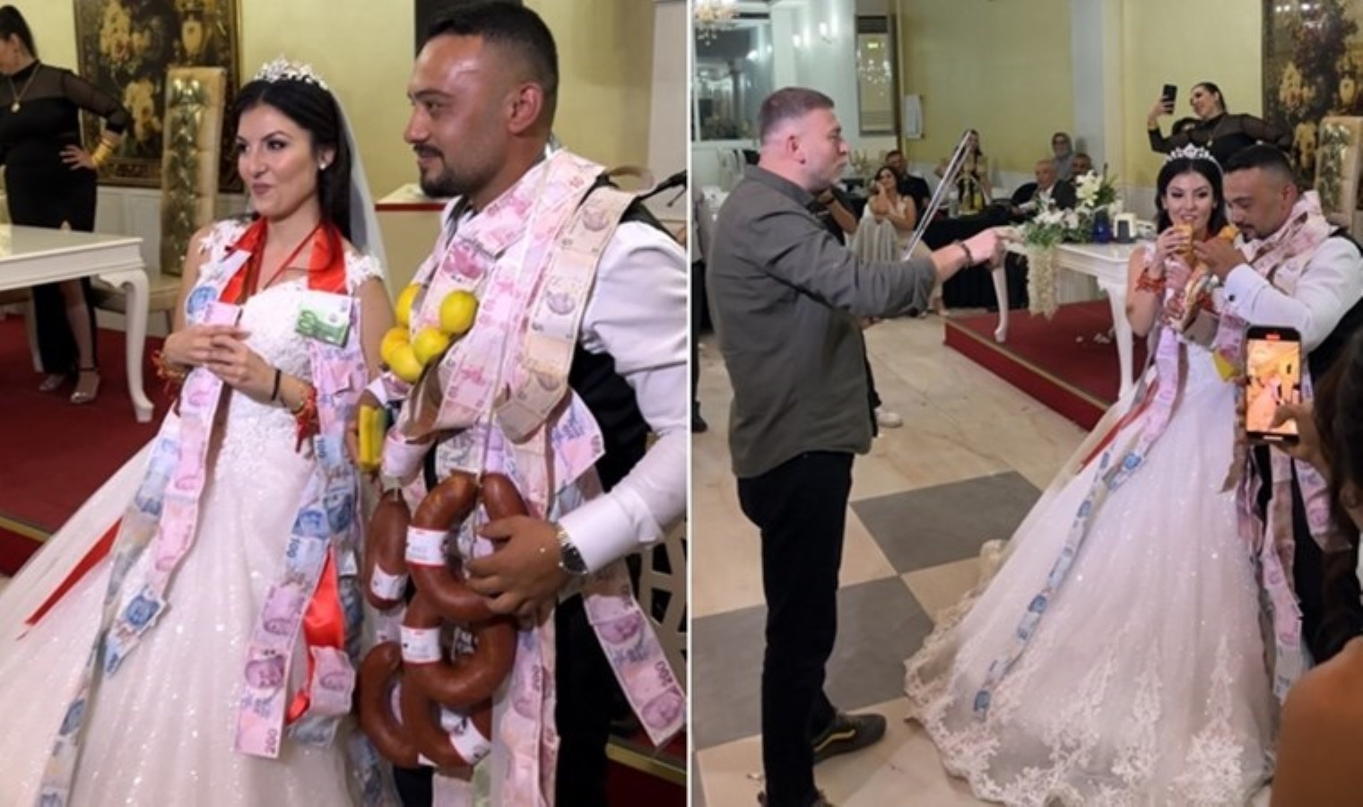 Gelin ve damadı şaşkına çeviren kangal sucuklu, limonlu ve dürümlü takı töreni