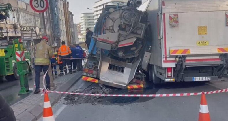 Güngören’de yol çöktü: Kamyonlar peş peşe çukura düştü!