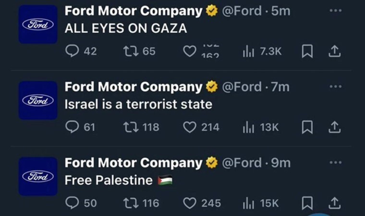 Ford’un sosyal medya hesabından İsrail karşıtı mesajlar!