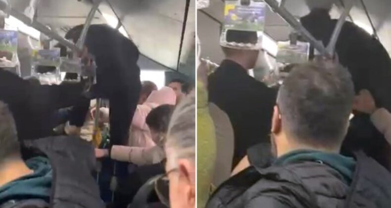 Metrobüste ‘boş koltuk’ kavgası: Tutunma demirine tırmanıp yumruk attı!