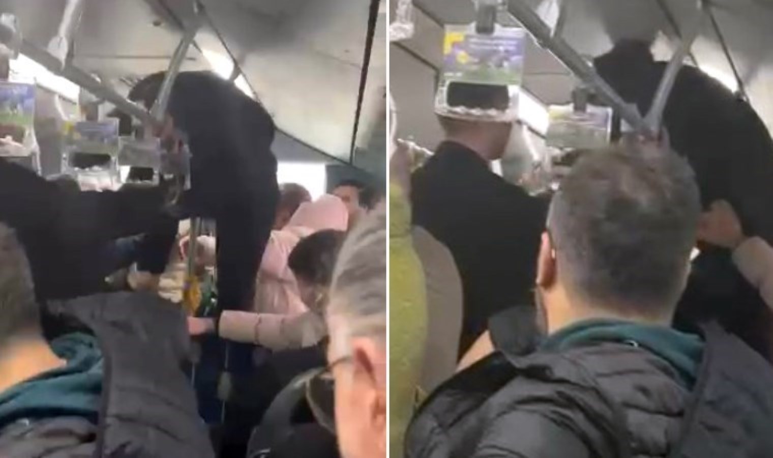 Metrobüste ‘boş koltuk’ kavgası: Tutunma demirine tırmanıp yumruk attı!