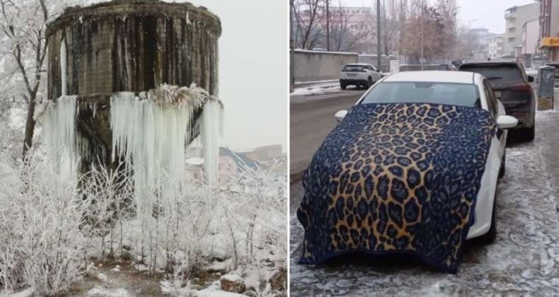 Ağrı’da su deposu buz tuttu, araçların üzerine battaniye örtüldü