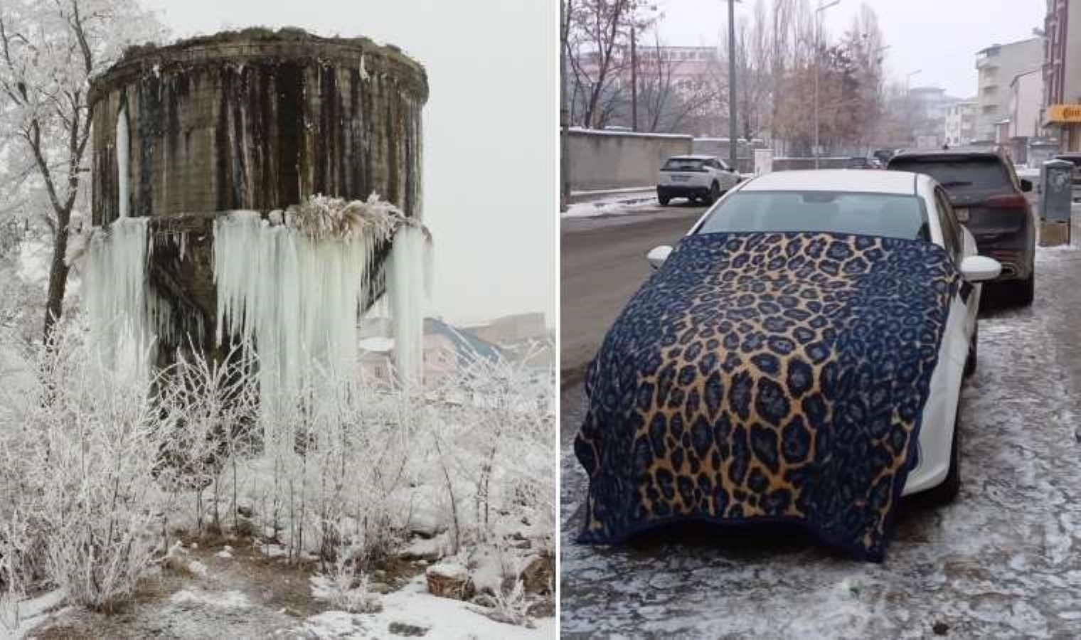 Ağrı’da su deposu buz tuttu, araçların üzerine battaniye örtüldü