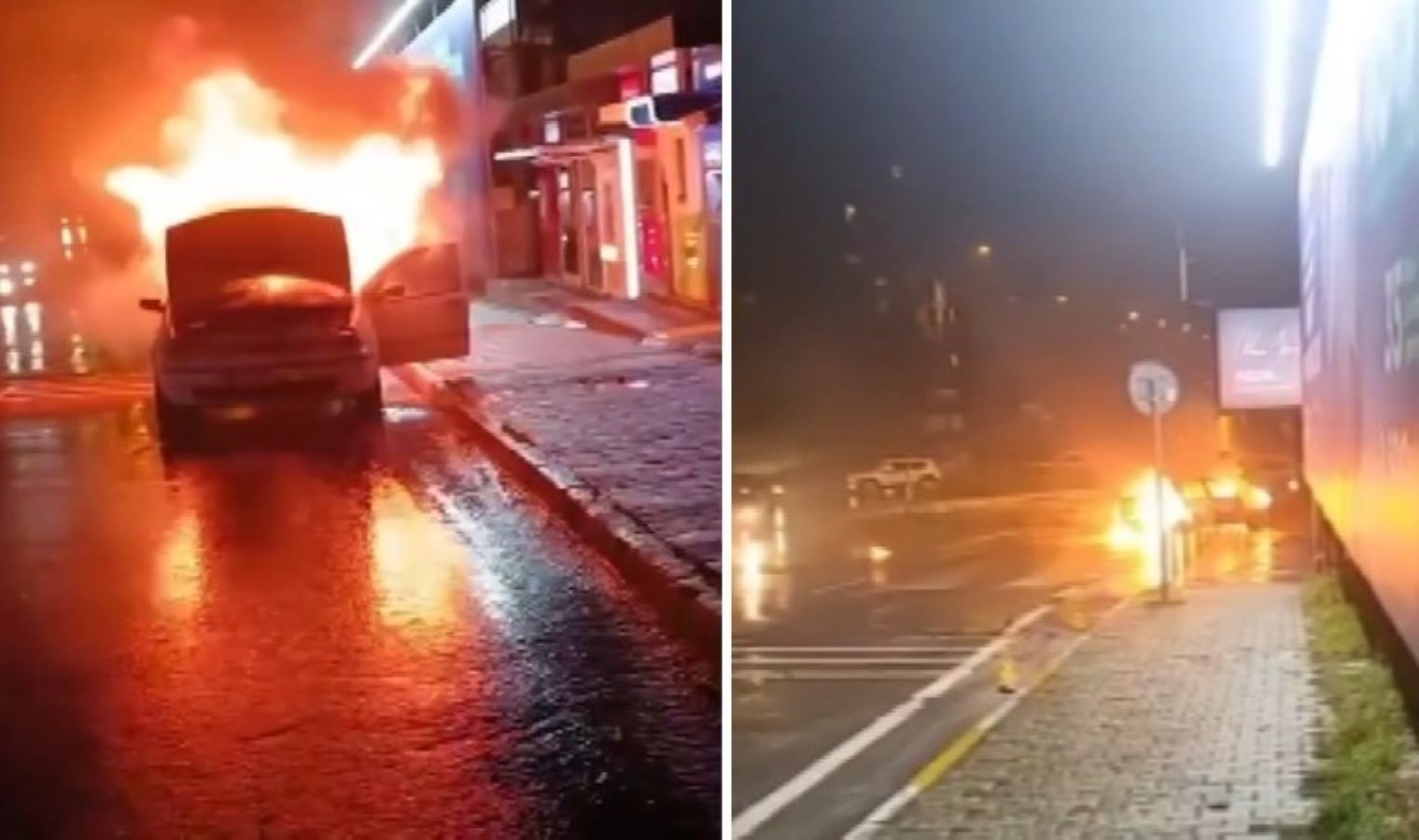 Ataşehir’de alev alev yanan otomobil tabelaya çarparak durdu