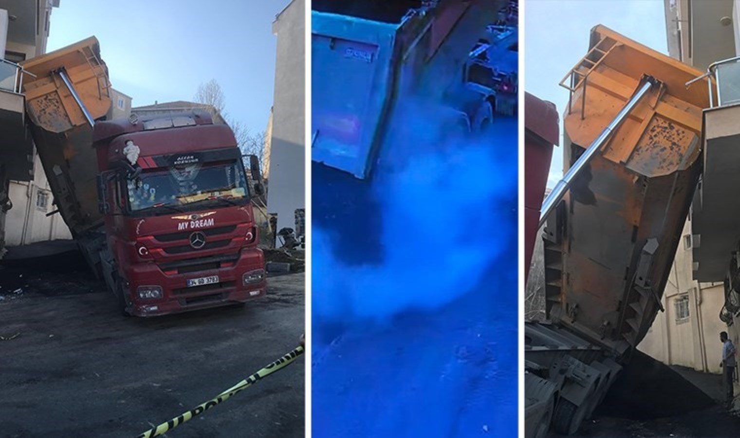Ölümden saniyelerle kurtuldu! Kağıthane’de panik anları: Asfalt döken kamyonun damperi balkona girdi!