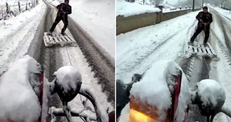 Sakarya’da eğlenceli kar keyfi: Traktörle snowboard yaptılar!