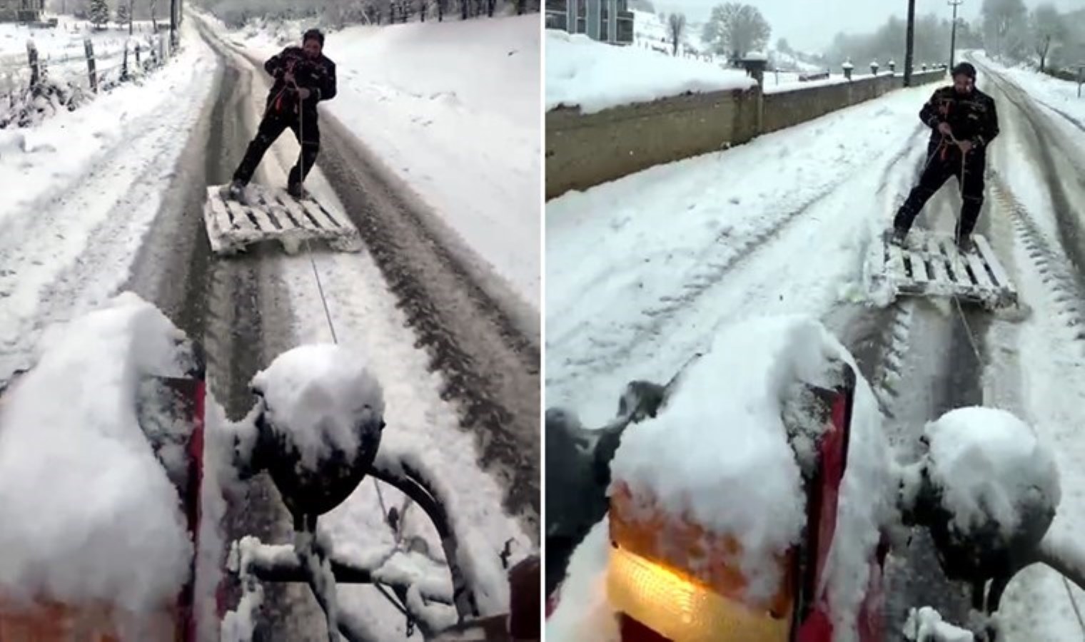 Sakarya’da eğlenceli kar keyfi: Traktörle snowboard yaptılar!