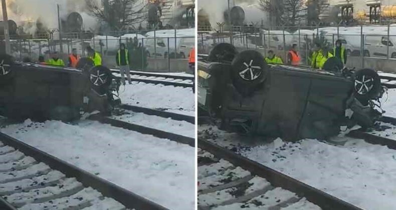 Gemiden indirilen sıfır araç, tren yoluna düştü: 1 yaralı