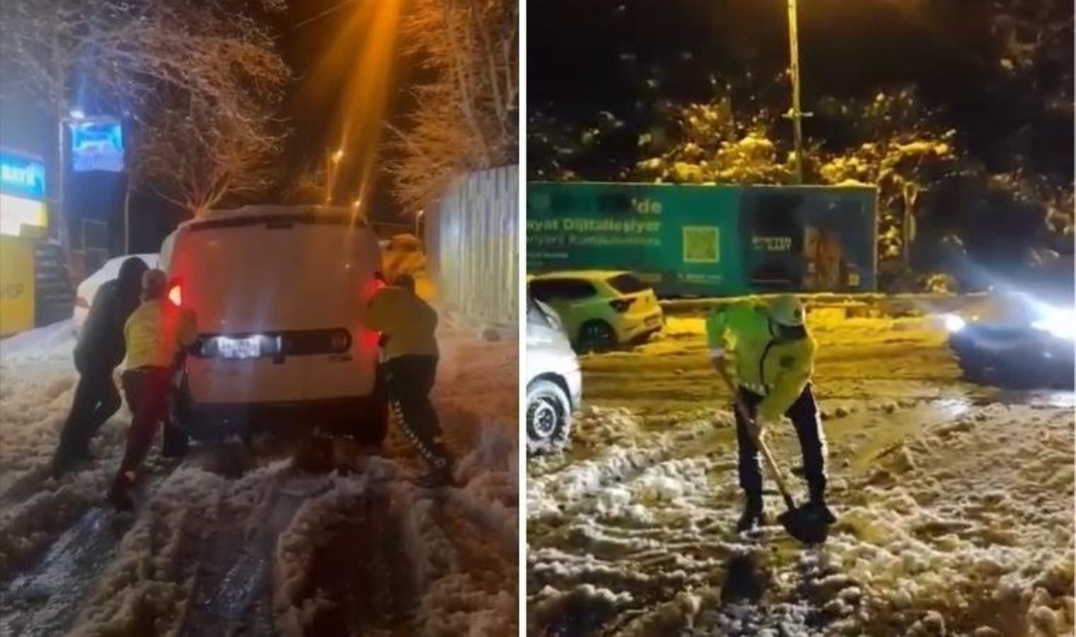 İstanbul’da karla mücadele: Polis kürekle yol açtı, araçları kurtardı