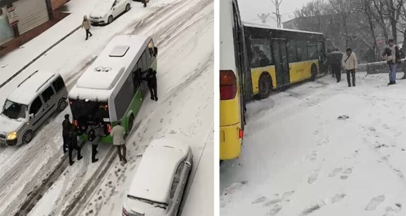 Kar yağışı İstanbul’u vurdu! Başakşehir’de yolda kayan İETT otobüsü kaza yaptı