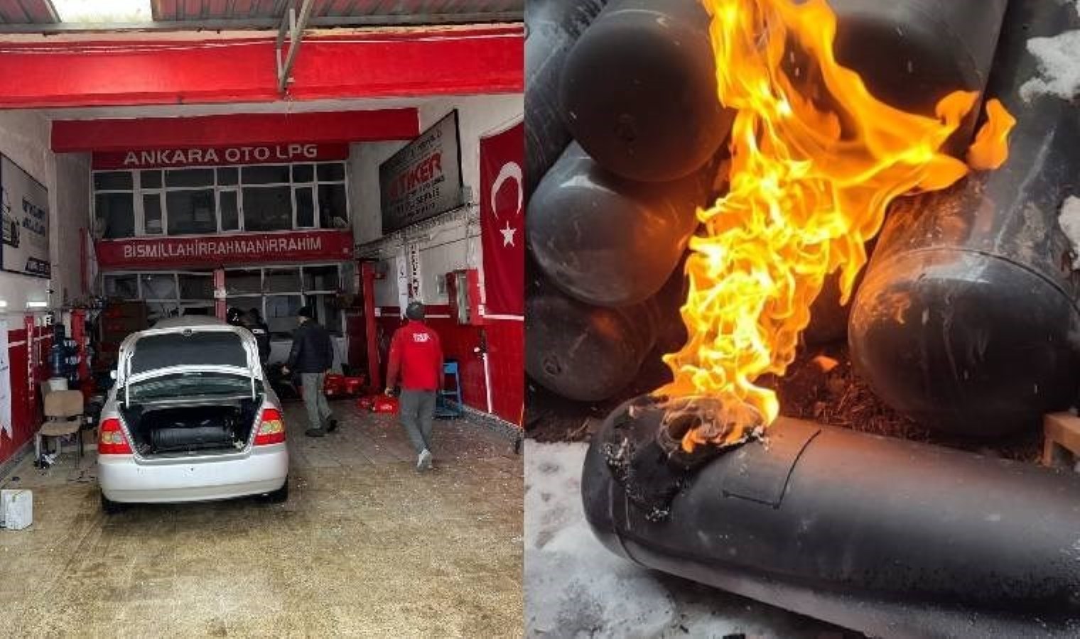 Tamirhanede otomobilin LPG tankı alev aldı: Yaralılar var!