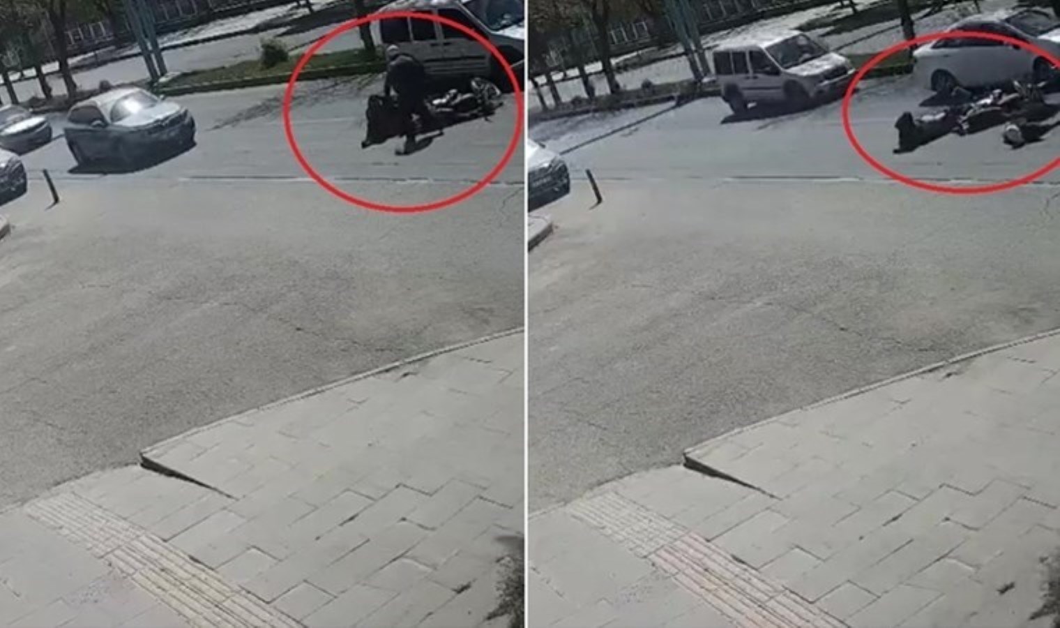 Kaza kamerada: Eteği zincire takılınca motosiklet devrildi!