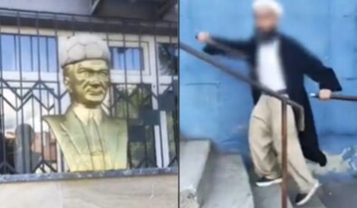 Cübbeli, sarıklı şahıs Atatürk büstüne saldırdı: ‘2-3 sene sonra bu heykellerini balyozla kıracağız’