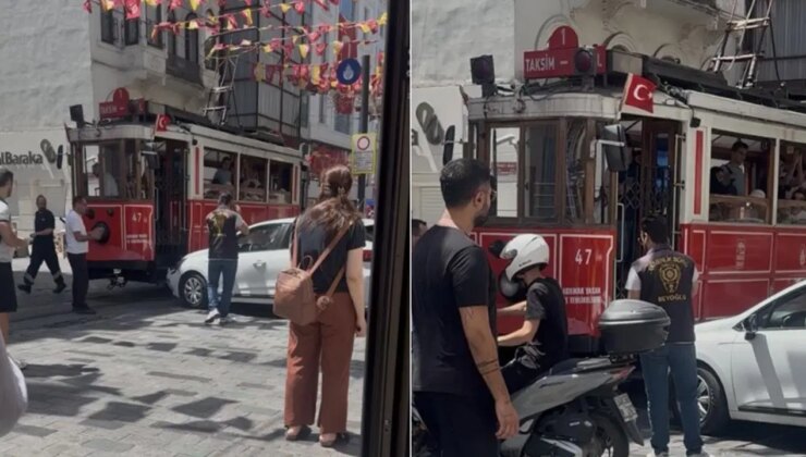 Fren yerine gaza bastı… Taksim’de otomobil tramvaya çarptı!