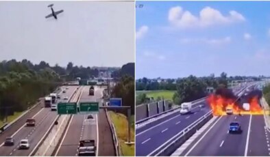 İtalya’da otobana düşen uçak alev topuna döndü