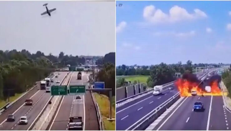 İtalya’da otobana düşen uçak alev topuna döndü