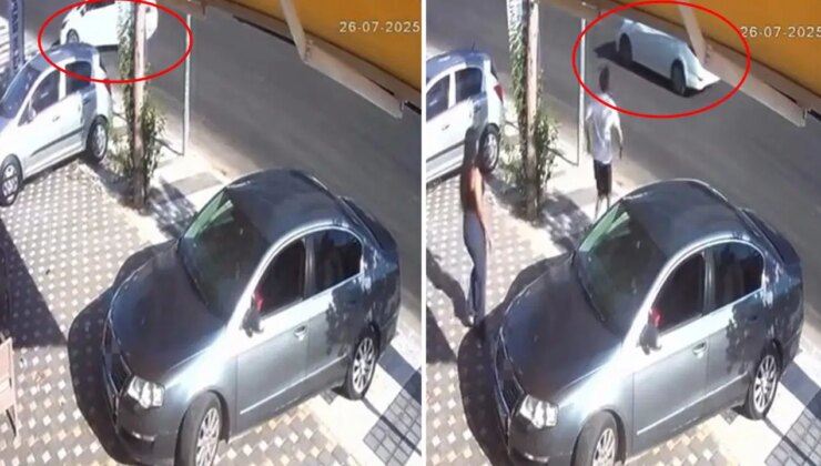 O anlar kamerada: Araçta bırakılan çocuk el frenini indirdi