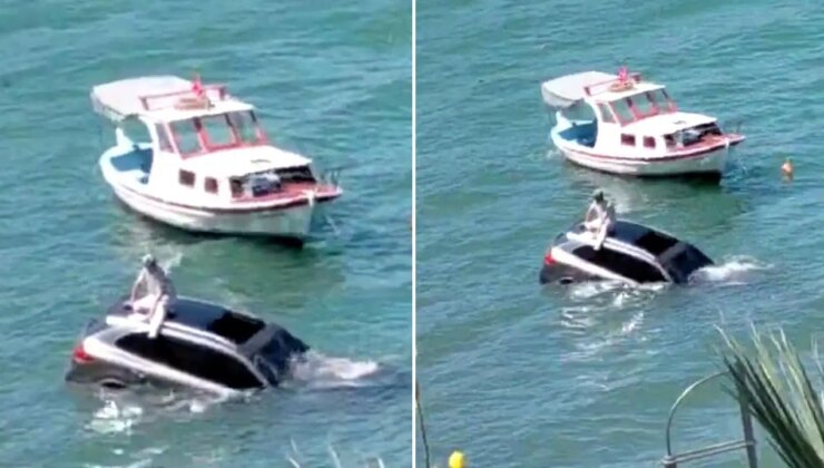 Otomobiliyle denize uçtu: Üzerine oturup yardım bekledi!
