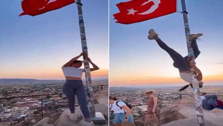 Kapadokya’da bayrak direğinde dans: Turist hakkında soruşturma başlatıldı