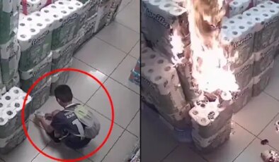 O anlar kamerada: 10 yaşındaki çocuk, marketteki kağıt havluları ateşe verdi