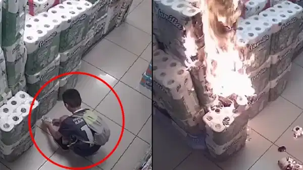 O anlar kamerada: 10 yaşındaki çocuk, marketteki kağıt havluları ateşe verdi