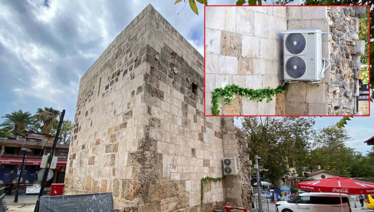 Tarihi burcun duvarı, klima takmak için delindi