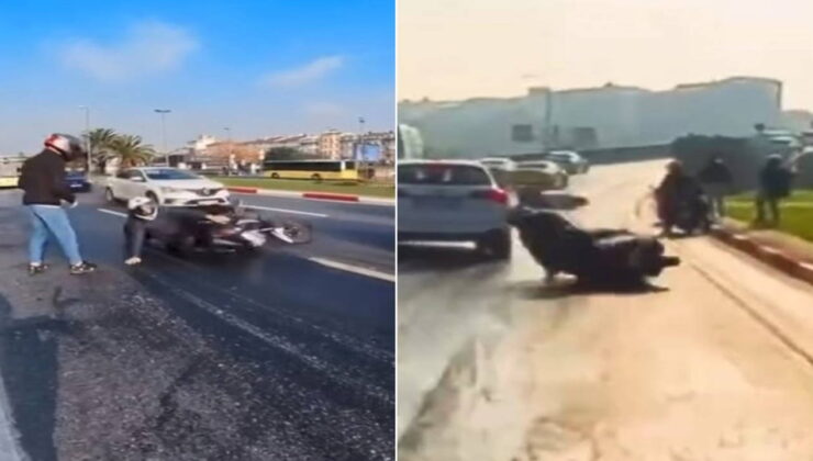 İstanbul’da yola yağ döküldü: Motosikletliler peş peşe düştü!