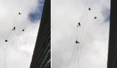 Metrelerce yüksekte dehşet anları: İşçiler fırtınada savruldu!