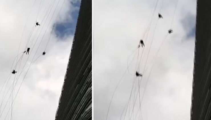 Metrelerce yüksekte dehşet anları: İşçiler fırtınada savruldu!