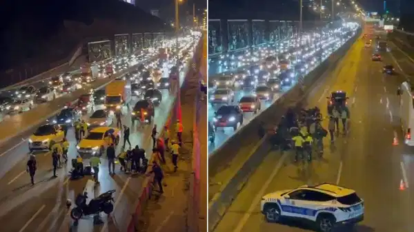 Olay anı kamerada… Kazaya müdahale eden trafik polisine motosiklet çarptı!