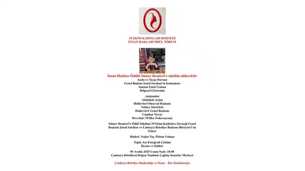 İnsan Hakları Onur Ödülü Sümer Demirel’e verilecek